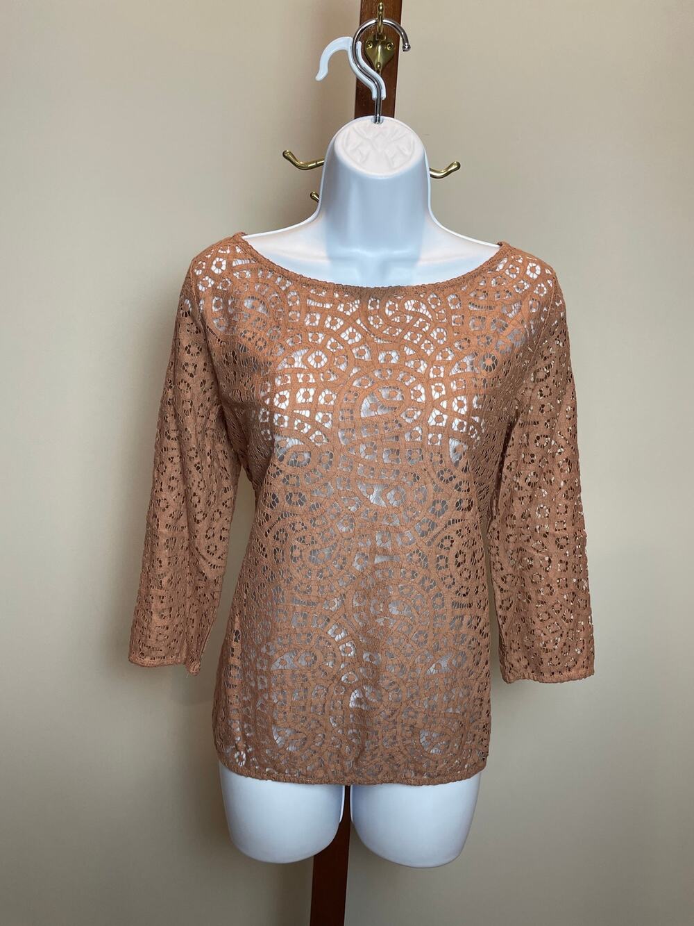 LOFT Terracotta Rose Sheer Lace Long Sleeve Top Size M
